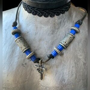 Mens Rugged Sterling Silver Cross with Sneakers Hung on it Blue Beads Cord
